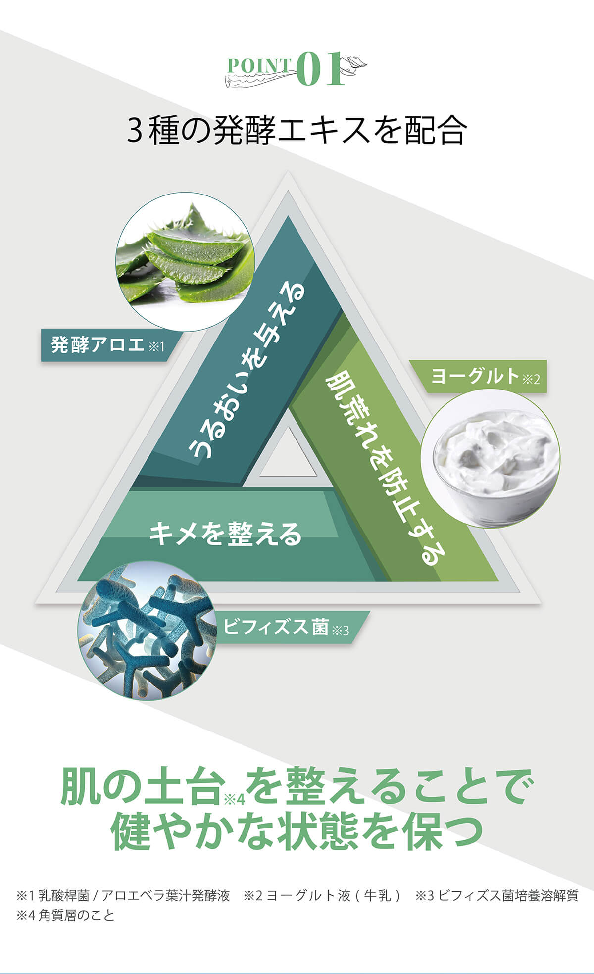 うるおいを与える、肌荒れを防止する、キメを整える、肌の土台を整えることで健やかな状態を保つ