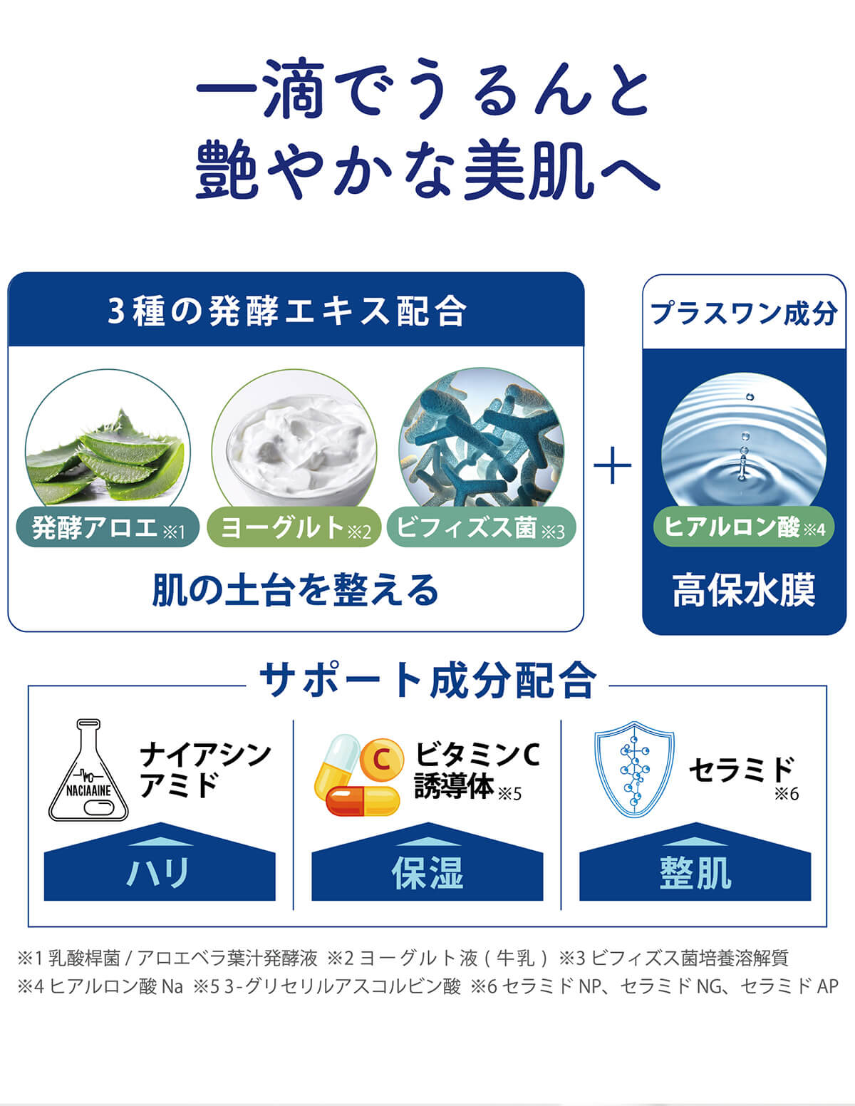 3種の発酵エキス＋ヒアルロン酸、ナイアシンアミド、ビタミンC誘導体、セラミド