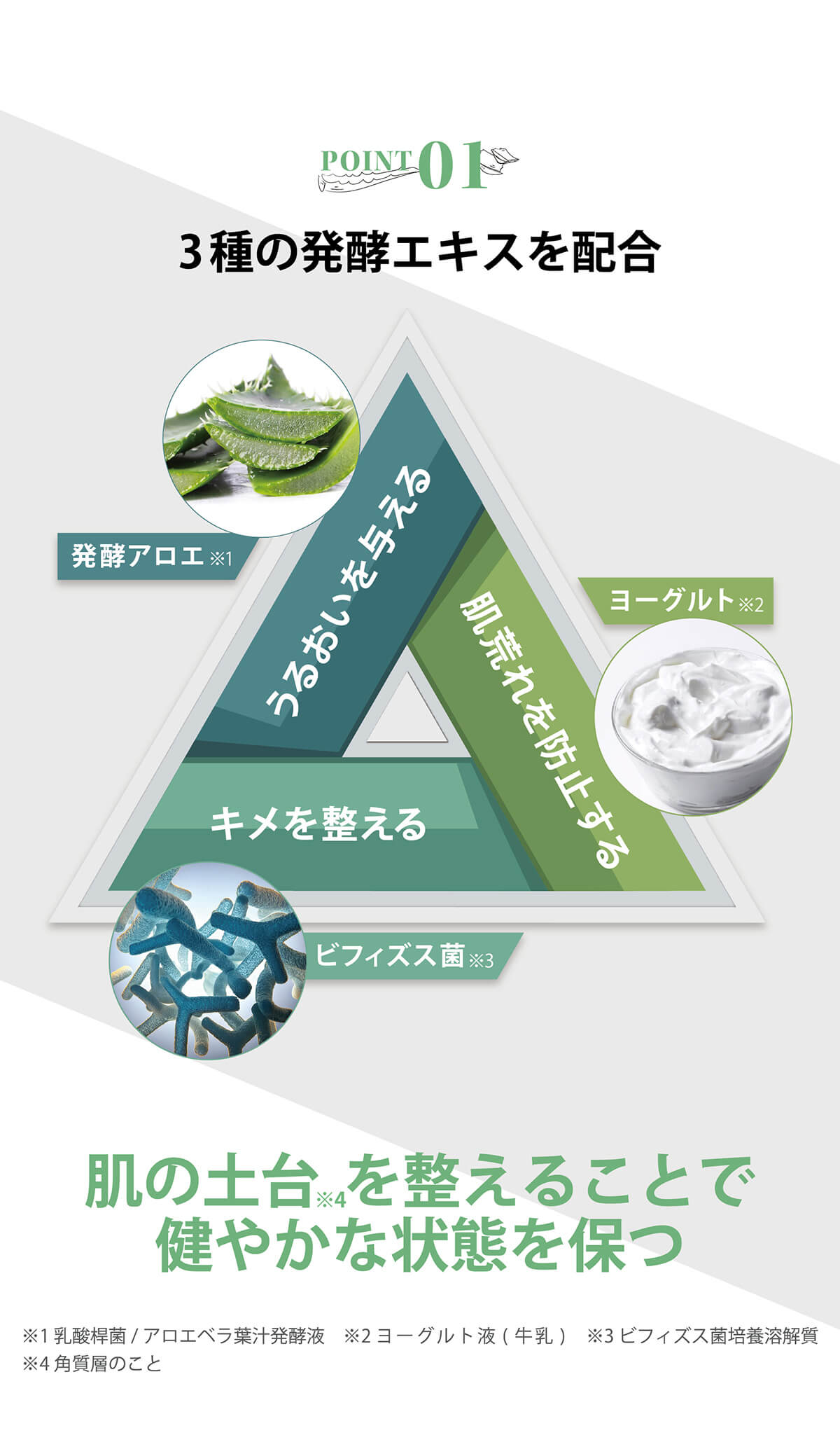 うるおいを与える、肌荒れを防止する、キメを整える、肌の土台を整えることで健やかな状態を保つ