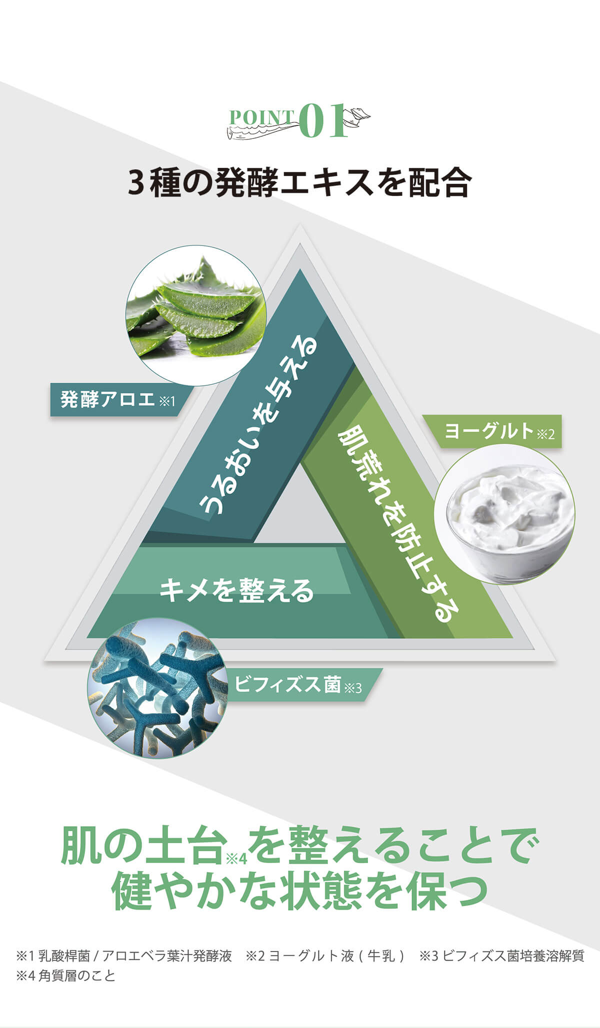 うるおいを与える、肌荒れを防止する、キメを整える、肌の土台を整えることで健やかな状態を保つ