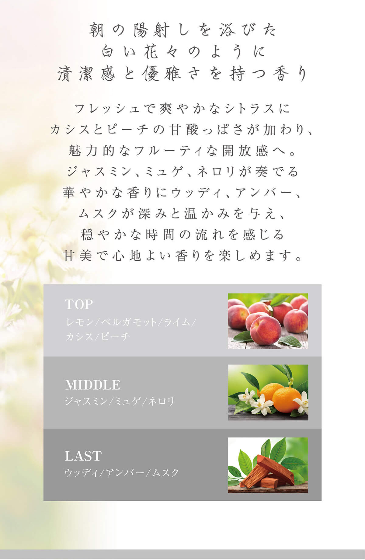 ホワイトブロッサムの香り～朝の陽射しを浴びた白い花々のように清潔感と優雅さを持つ香り～