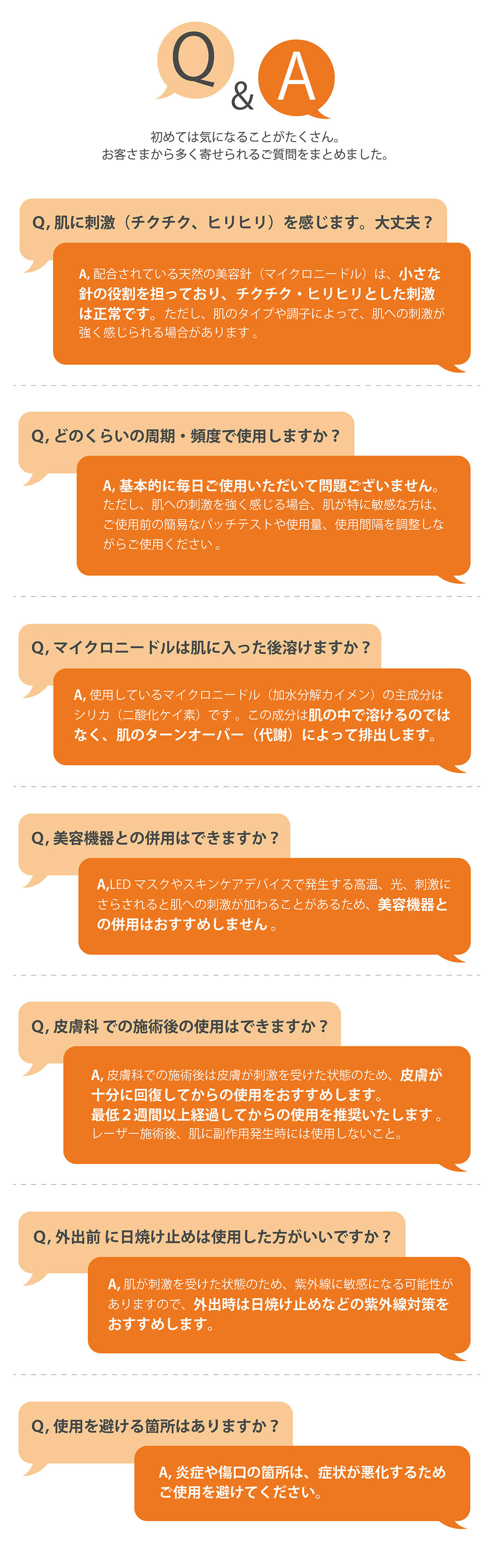 【Q&A】初めては気になることがたくさん。お客さまから多く寄せられるご質問をまとめました。Q：肌に刺激（チクチク、ヒリヒリ）を感じます。大丈夫？A：配合されている天然の美容針（マイクロニードル）は、小さな針の役割を担っており、チクチク・ヒリヒリとした刺激は正常です。ただし、肌のタイプや調子によって、肌への刺激が強く感じられる場合があります 。Q：どのくらいの周期・頻度で使用しますか？A：基本的に毎日ご使用いただいて問題ございません。ただし、肌への刺激を強く感じる場合、肌が特に敏感な方は、ご使用前の簡易なパッチテストや使用量、使用間隔を調整しながらご使用ください 。Q：マイクロニードルは肌に入った後溶けますか？A：使用しているマイクロニードル（加水分解カイメン）の主成分はシリカ（二酸化ケイ素）です 。この成分は肌の中で溶けるのではなく、肌のターンオーバー（代謝）によって排出します。Q：美容機器との併用はできますか？A：LEDマスクやスキンケアデバイスで発生する高温、光、刺激にさらされると肌への刺激が加わることがあるため、美容機器との併用はおすすめしません 。Q：皮膚科での施術後の使用はできますか？A：皮膚科での施術後は皮膚が刺激を受けた状態のため、皮膚が十分に回復してからの使用をおすすめします。最低２週間以上経過してからの使用を推奨いたします 。レーザー施術後、肌に副作用発生時には使用しないこと。Q：外出前 に日焼け止めは使用した方がいいですか？A：肌が刺激を受けた状態のため、紫外線に敏感になる可能性がありますので、外出時は日焼け止めなどの紫外線対策をおすすめします。Ｑ,使用を避ける箇所はありますか？A：炎症や傷口の箇所は、症状が悪化するためご使用を避けてください。