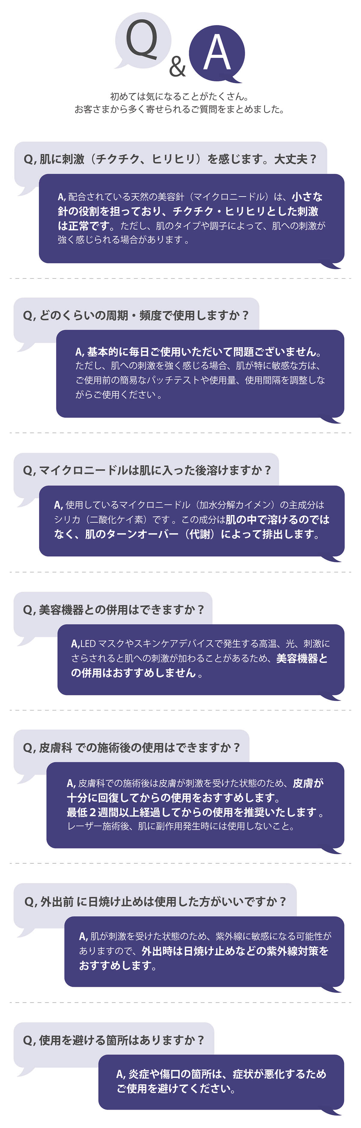 【Q&A】初めては気になることがたくさん。お客さまから多く寄せられるご質問をまとめました。Q：肌に刺激（チクチク、ヒリヒリ）を感じます。大丈夫？A：配合されている天然の美容針（マイクロニードル）は、小さな針の役割を担っており、チクチク・ヒリヒリとした刺激は正常です。ただし、肌のタイプや調子によって、肌への刺激が強く感じられる場合があります 。Q：どのくらいの周期・頻度で使用しますか？A：基本的に毎日ご使用いただいて問題ございません。ただし、肌への刺激を強く感じる場合、肌が特に敏感な方は、ご使用前の簡易なパッチテストや使用量、使用間隔を調整しながらご使用ください 。Q：マイクロニードルは肌に入った後溶けますか？A：使用しているマイクロニードル（加水分解カイメン）の主成分はシリカ（二酸化ケイ素）です 。この成分は肌の中で溶けるのではなく、肌のターンオーバー（代謝）によって排出します。Q：美容機器との併用はできますか？A：LEDマスクやスキンケアデバイスで発生する高温、光、刺激にさらされると肌への刺激が加わることがあるため、美容機器との併用はおすすめしません 。Q：皮膚科での施術後の使用はできますか？A：皮膚科での施術後は皮膚が刺激を受けた状態のため、皮膚が十分に回復してからの使用をおすすめします。最低２週間以上経過してからの使用を推奨いたします 。レーザー施術後、肌に副作用発生時には使用しないこと。Q：外出前 に日焼け止めは使用した方がいいですか？A：肌が刺激を受けた状態のため、紫外線に敏感になる可能性がありますので、外出時は日焼け止めなどの紫外線対策をおすすめします。Ｑ,使用を避ける箇所はありますか？A：炎症や傷口の箇所は、症状が悪化するためご使用を避けてください。